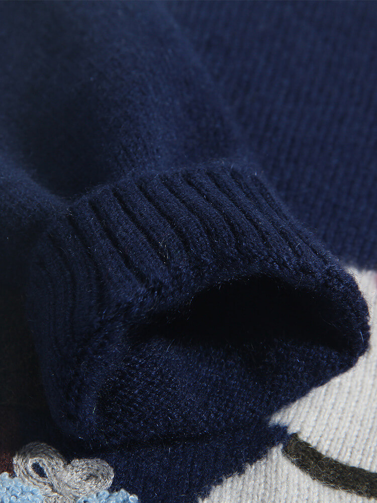 Festive Navy Cashmere Christmas Sweater with Snowman and Tree